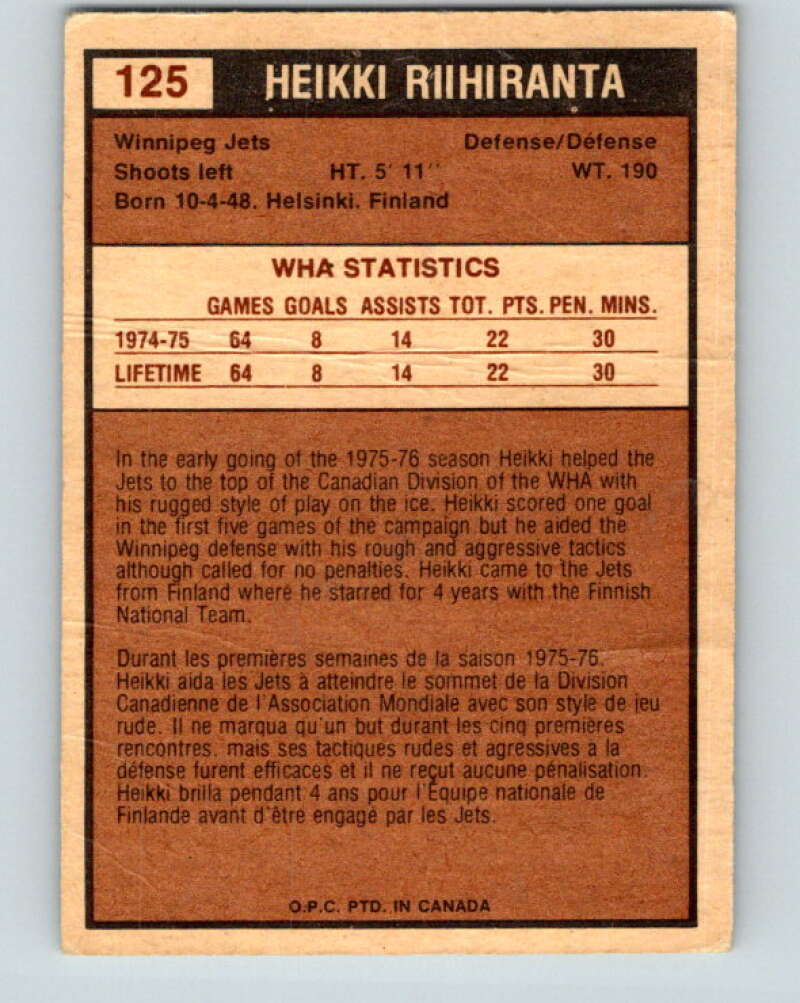 1975-76 WHA O-Pee-Chee #125 Heikki Riihiranta Winnipeg Jets V7330