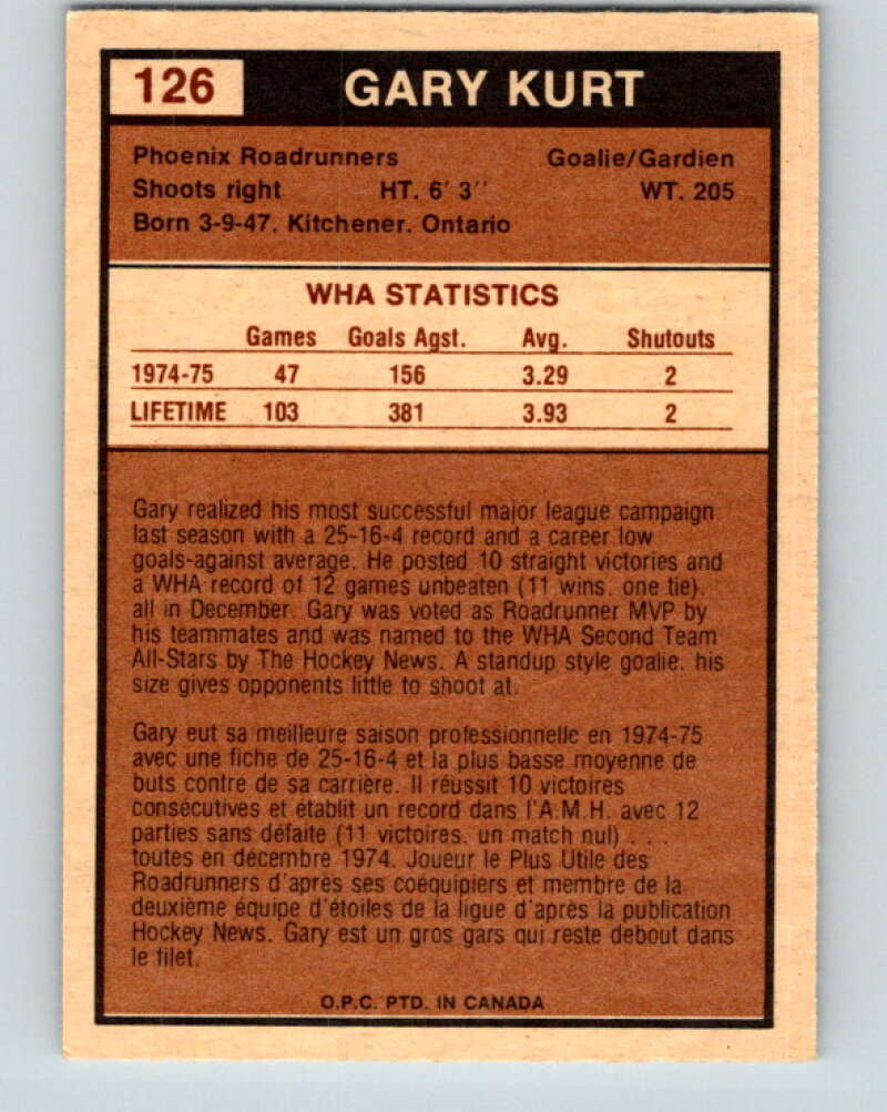 1975-76 WHA O-Pee-Chee #126 Gary Kurt Phoenix Roadrunners V7331