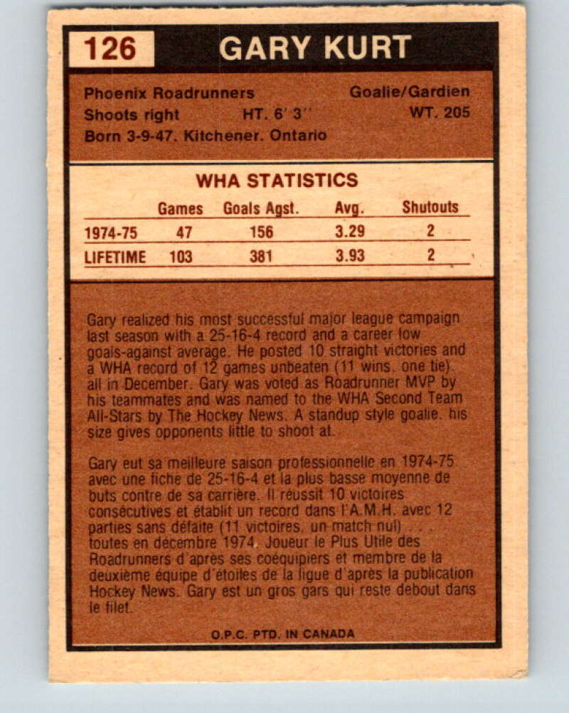 1975-76 WHA O-Pee-Chee #126 Gary Kurt Phoenix Roadrunners V7332