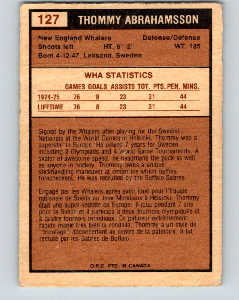 1975-76 WHA O-Pee-Chee #127 Thommy Abrahamsson RC Rookie Whalers V7333