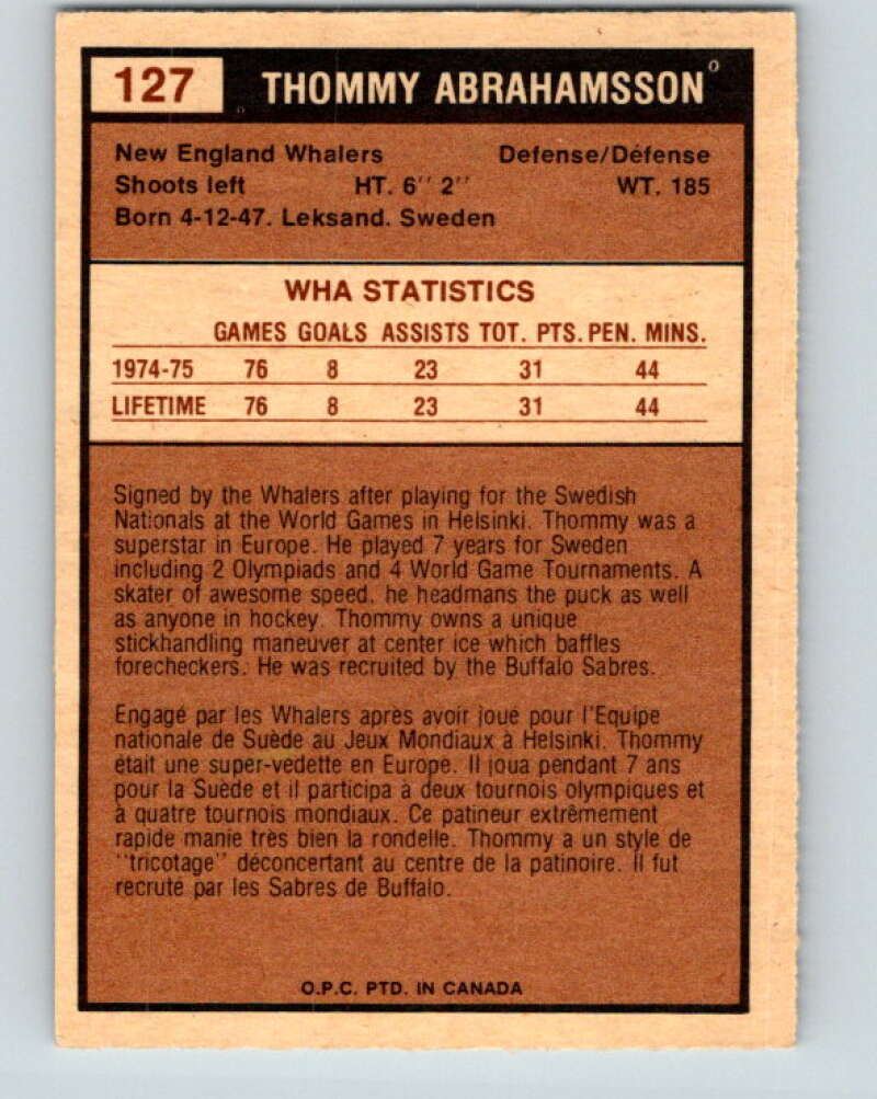 1975-76 WHA O-Pee-Chee #127 Thommy Abrahamsson RC Rookie Whalers V7334