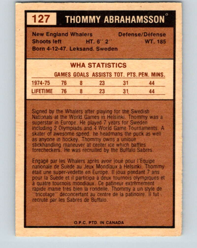 1975-76 WHA O-Pee-Chee #127 Thommy Abrahamsson RC Rookie Whalers V7335