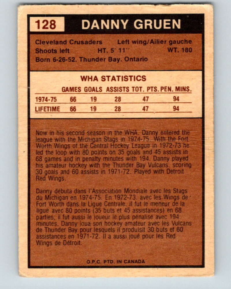 1975-76 WHA O-Pee-Chee #128 Danny Gruen RC Rookie Cleveland Crusaders V7336