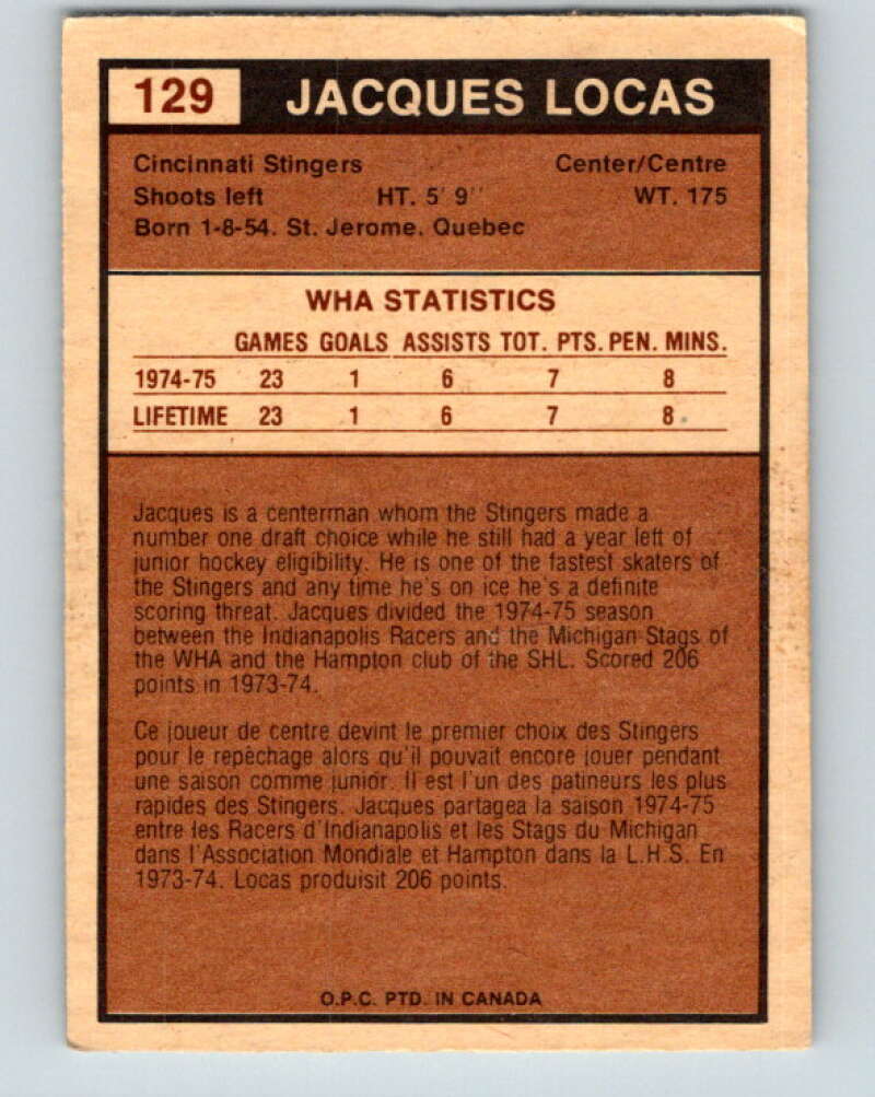1975-76 WHA O-Pee-Chee #129 Jacques Locas RC Rookie Cincinnati Stingers V7337