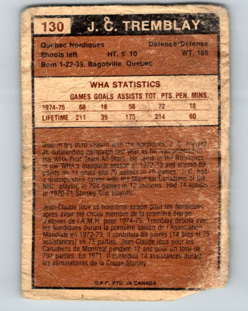 1975-76 WHA O-Pee-Chee #130 J.C. Tremblay Quebec Nordiques V7339