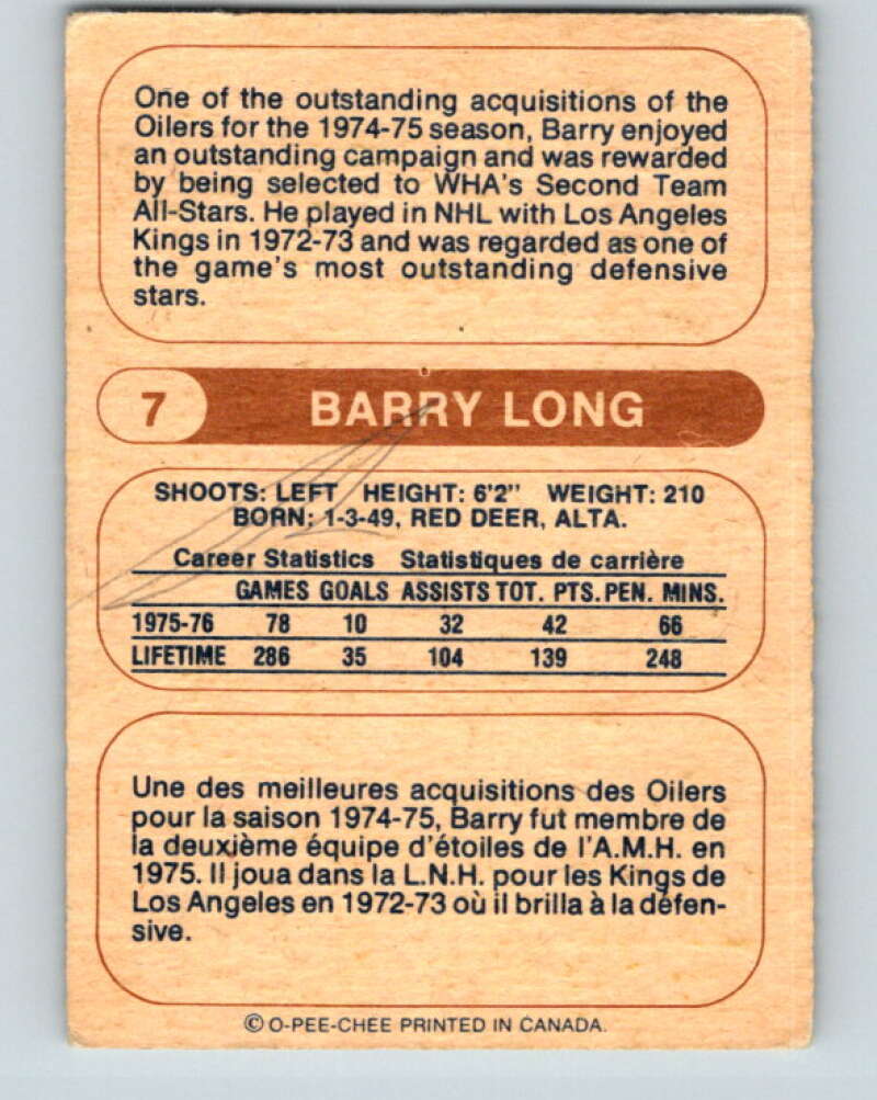 1976-77 WHA O-Pee-Chee #7 Barry Long Winnipeg Jets V7643