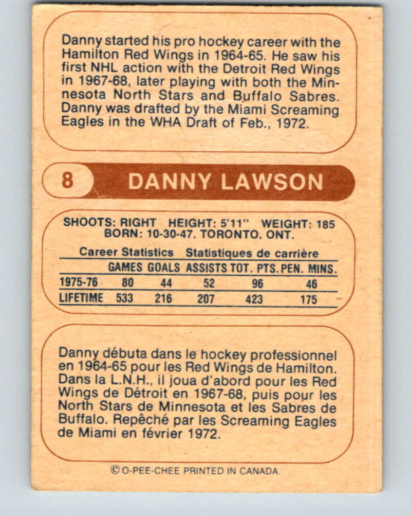1976-77 WHA O-Pee-Chee #8 Danny Lawson Calgary Cowboys V7644