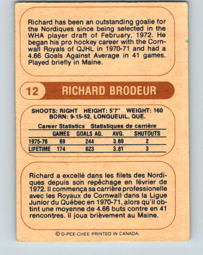 1976-77 WHA O-Pee-Chee #12 Richard Brodeur Quebec Nordiques V7648