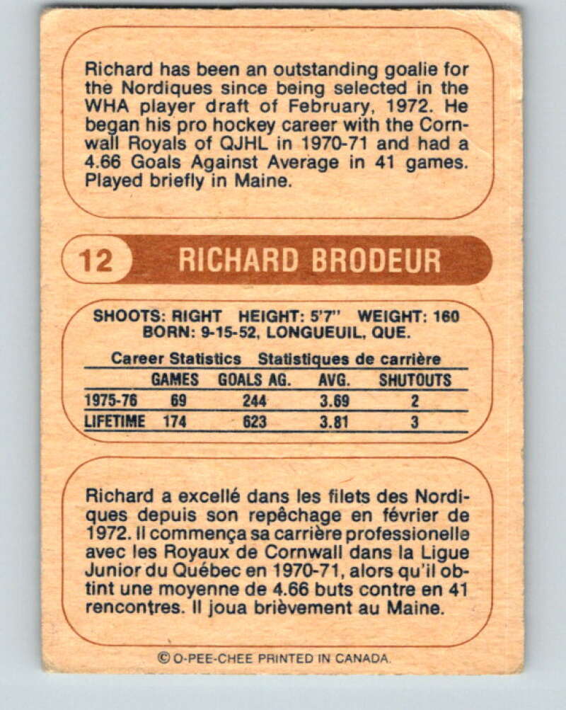 1976-77 WHA O-Pee-Chee #12 Richard Brodeur Quebec Nordiques V7649