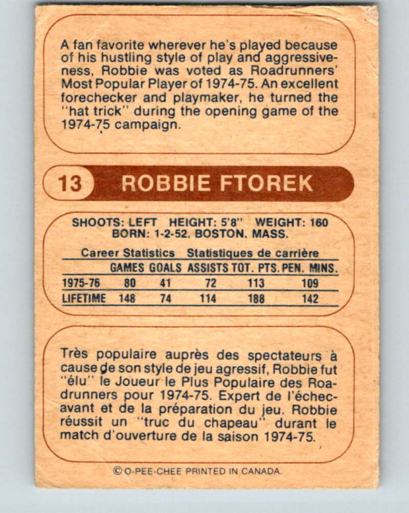 1976-77 WHA O-Pee-Chee #13 Robbie Ftorek Phoenix Roadrunners V7650