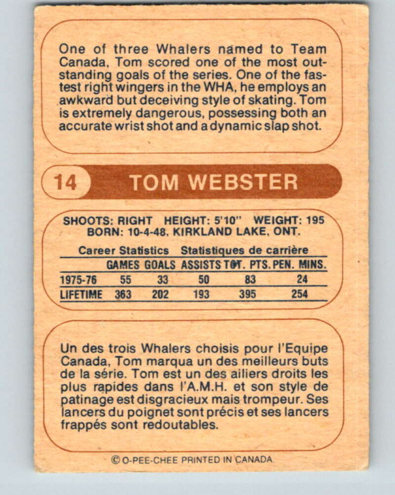1976-77 WHA O-Pee-Chee #14 Tom Webster New England Whalers V7651