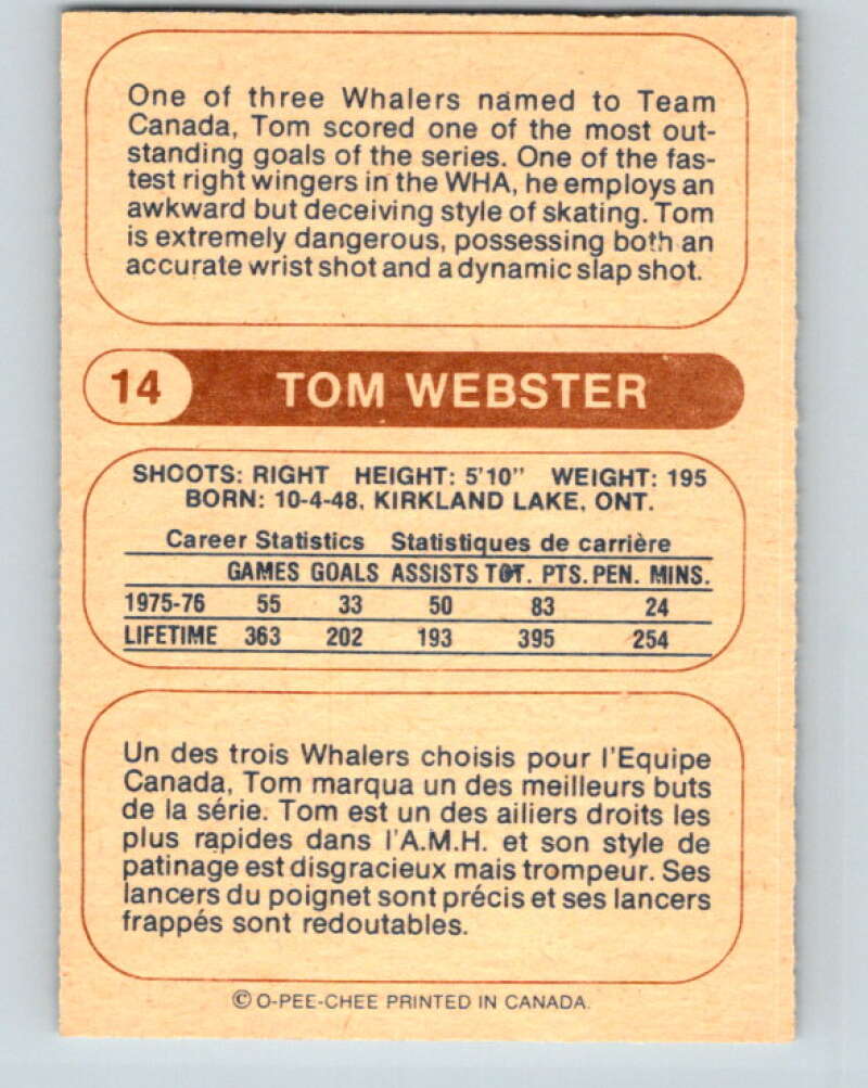 1976-77 WHA O-Pee-Chee #14 Tom Webster New England Whalers V7652