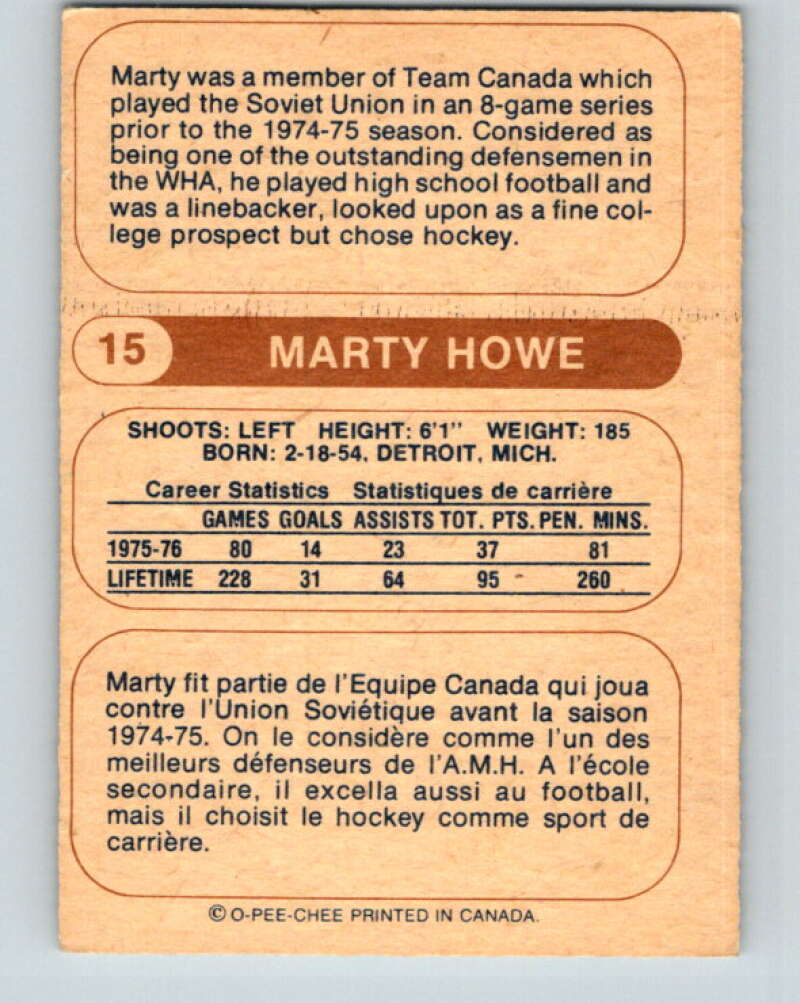 1976-77 WHA O-Pee-Chee #15 Marty Howe Houston Aeros V7653