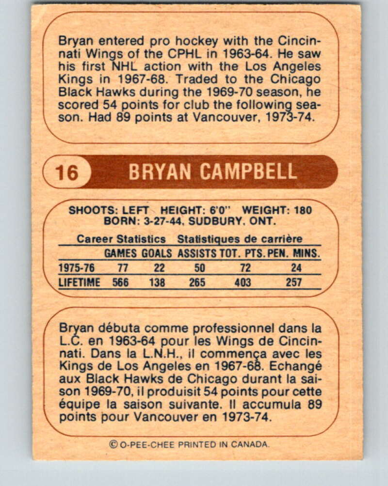 1976-77 WHA O-Pee-Chee #16 Bryan Campbell Edmonton Oilers V7654