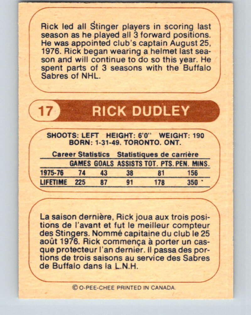 1976-77 WHA O-Pee-Chee #17 Rick Dudley Cincinnati Stingers V7655