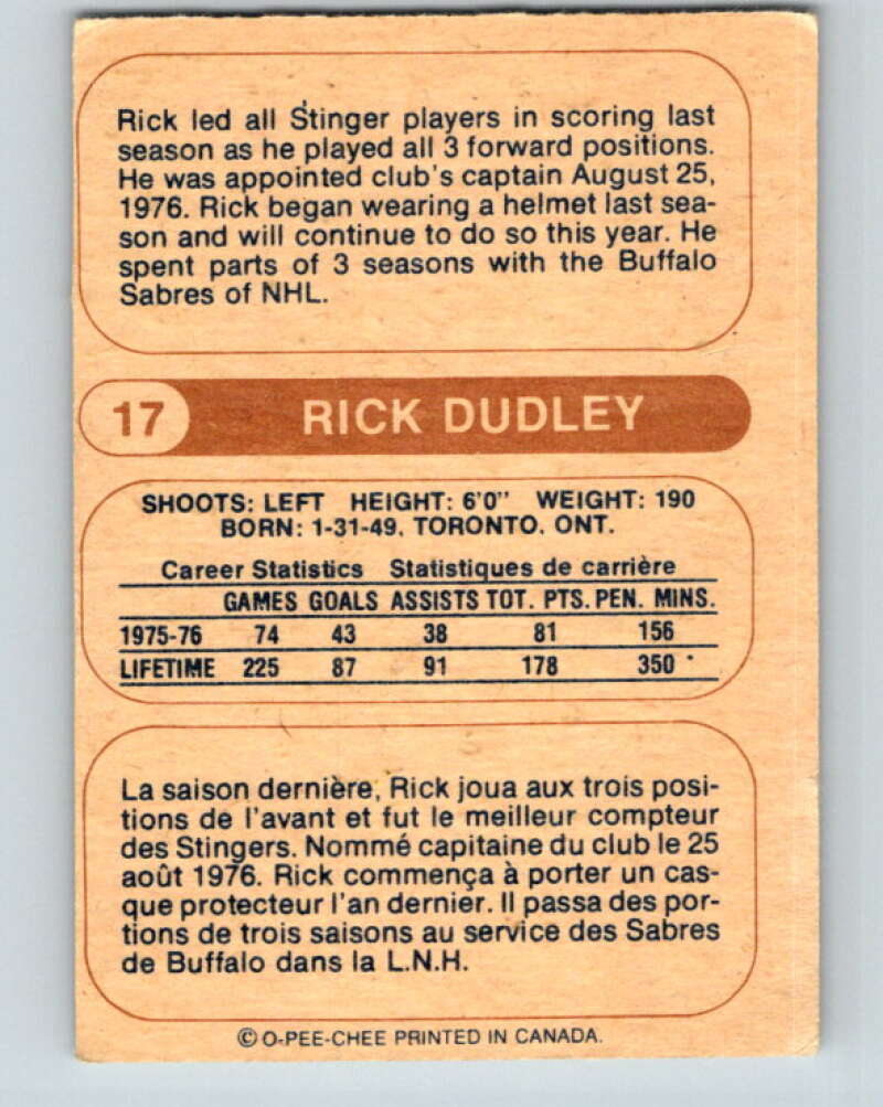 1976-77 WHA O-Pee-Chee #17 Rick Dudley Cincinnati Stingers V7656