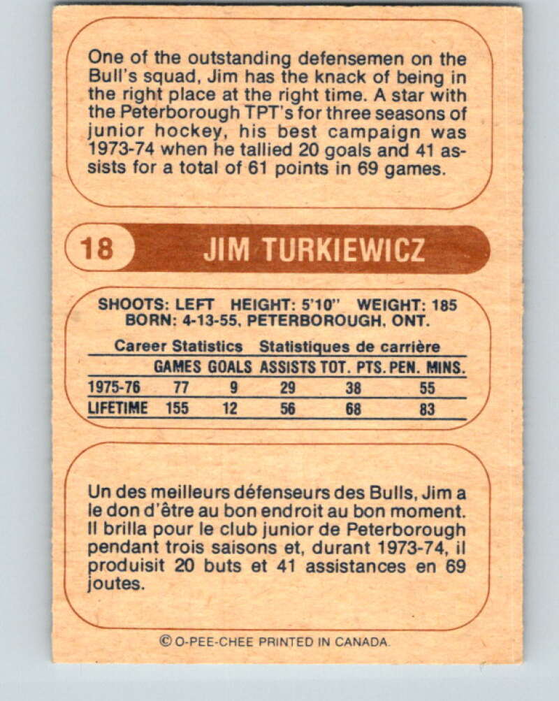 1976-77 WHA O-Pee-Chee #18 Jim Turkiewicz RC Rookie Bulls V7657