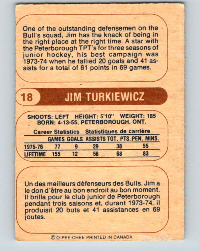 1976-77 WHA O-Pee-Chee #18 Jim Turkiewicz RC Rookie Bulls V7658