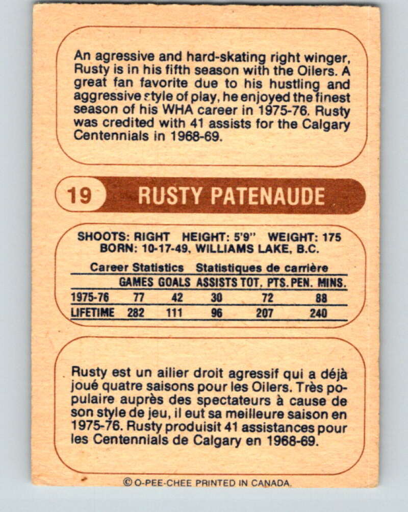 1976-77 WHA O-Pee-Chee #19 Rusty Patenaude Edmonton Oilers V7659