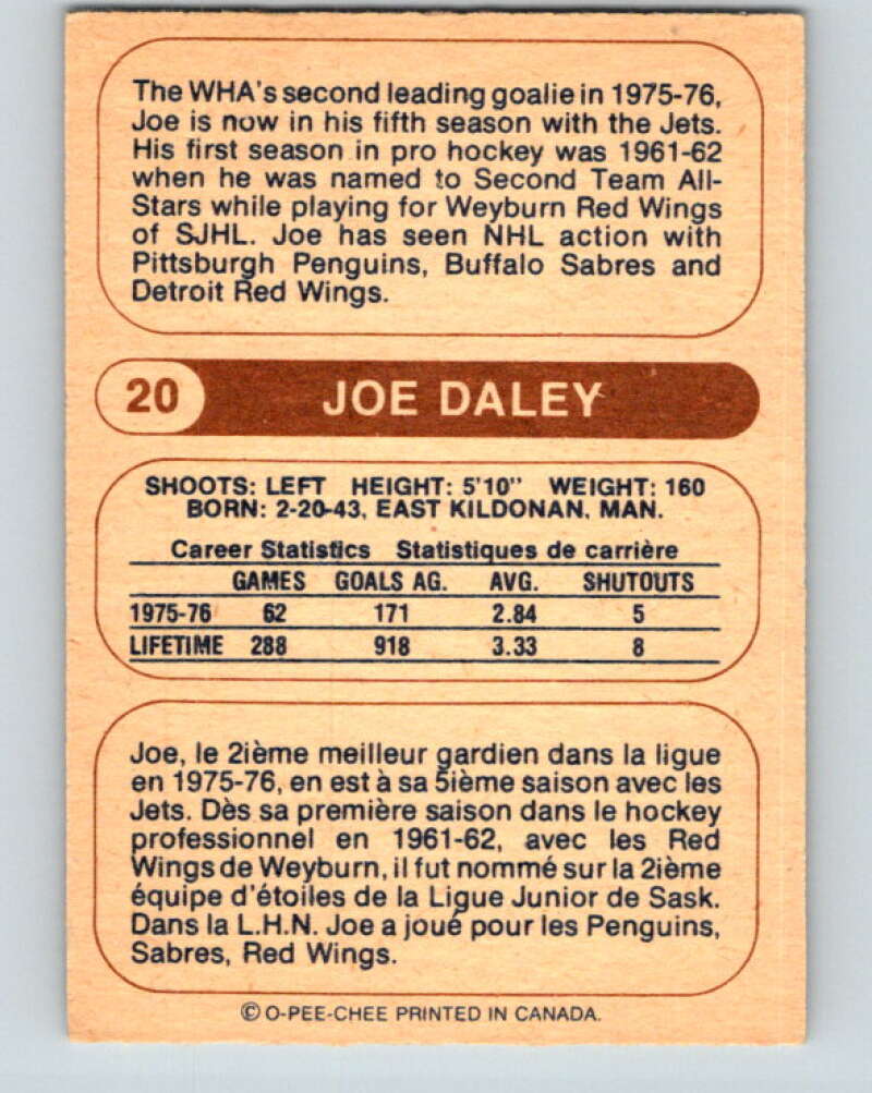 1976-77 WHA O-Pee-Chee #20 Joe Daley Edmonton Oilers V7660