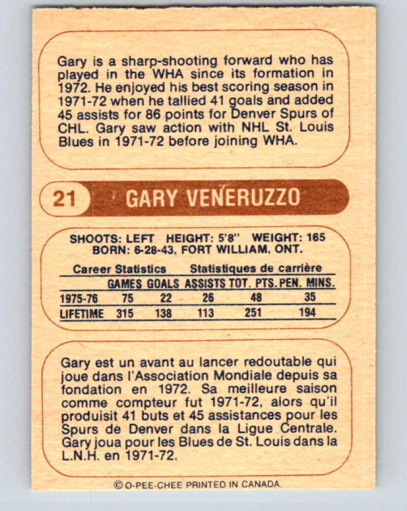 1976-77 WHA O-Pee-Chee #21 Gary Veneruzzo San Diego Mariners V7661