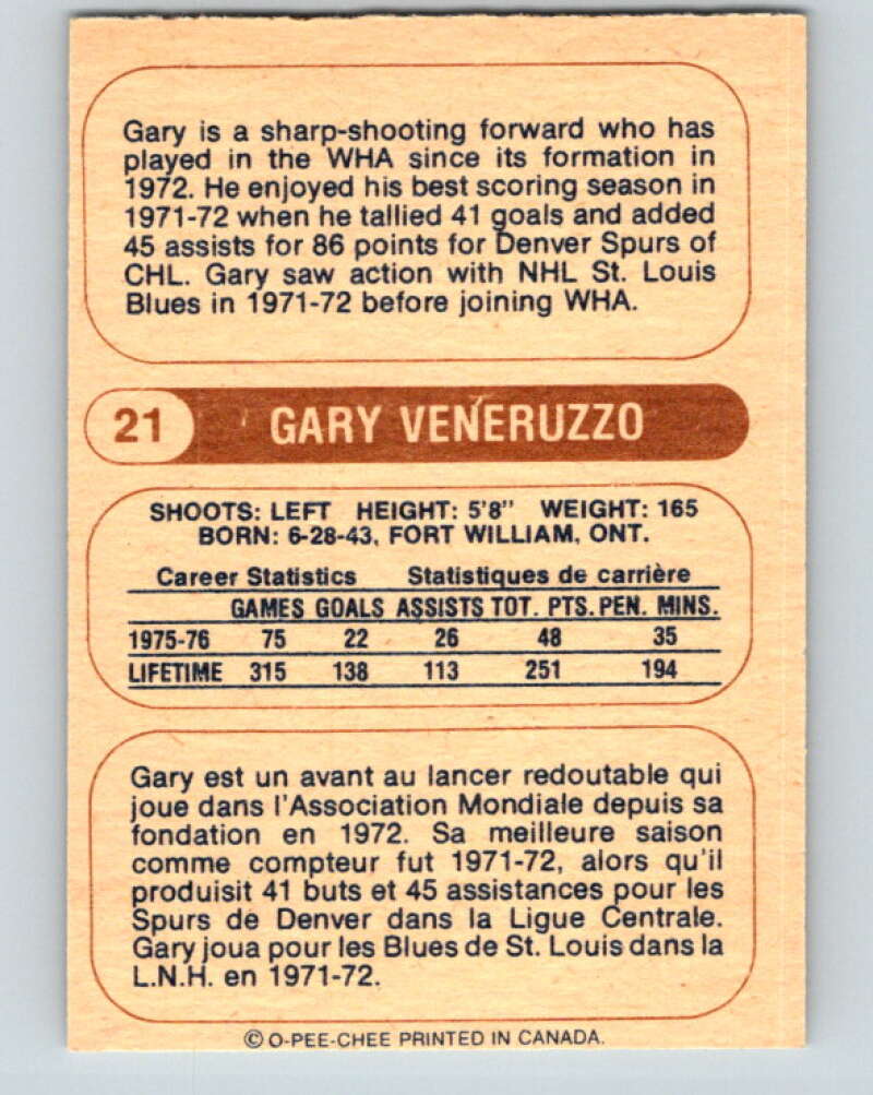 1976-77 WHA O-Pee-Chee #21 Gary Veneruzzo  San Diego Mariners  V7661
