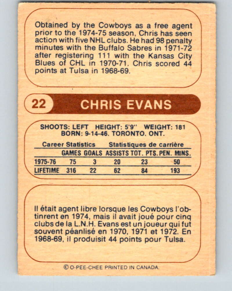 1976-77 WHA O-Pee-Chee #22 Chris Evans Calgary Cowboys V7662