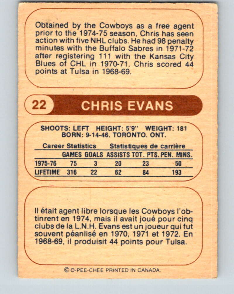1976-77 WHA O-Pee-Chee #22 Chris Evans  Calgary Cowboys  V7662