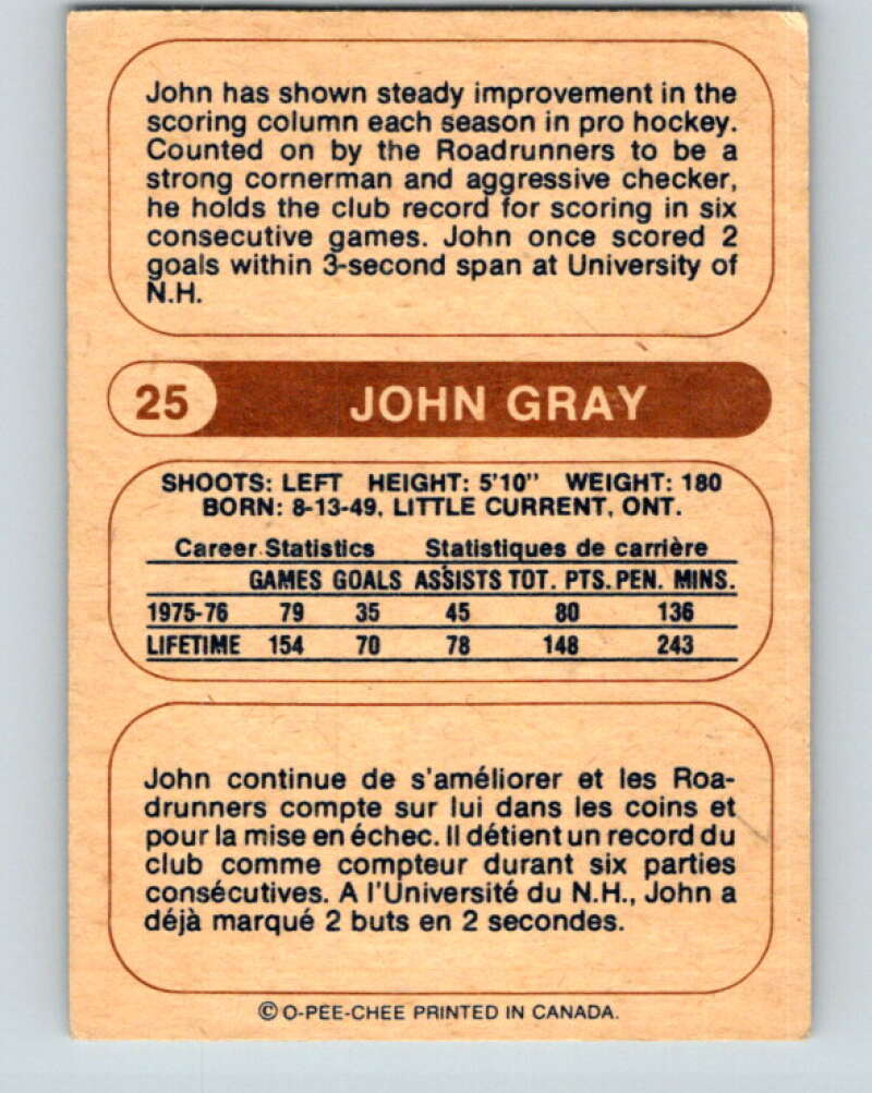 1976-77 WHA O-Pee-Chee #25 John Gray RC Rookie Houston Aeros V7665