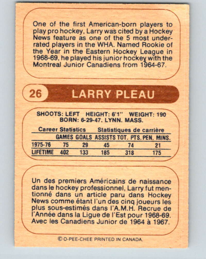 1976-77 WHA O-Pee-Chee #26 Larry Pleau New England Whalers V7666