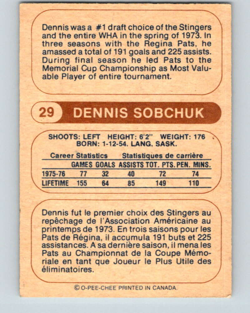 1976-77 WHA O-Pee-Chee #29 Dennis Sobchuk Cincinnati Stingers V7669