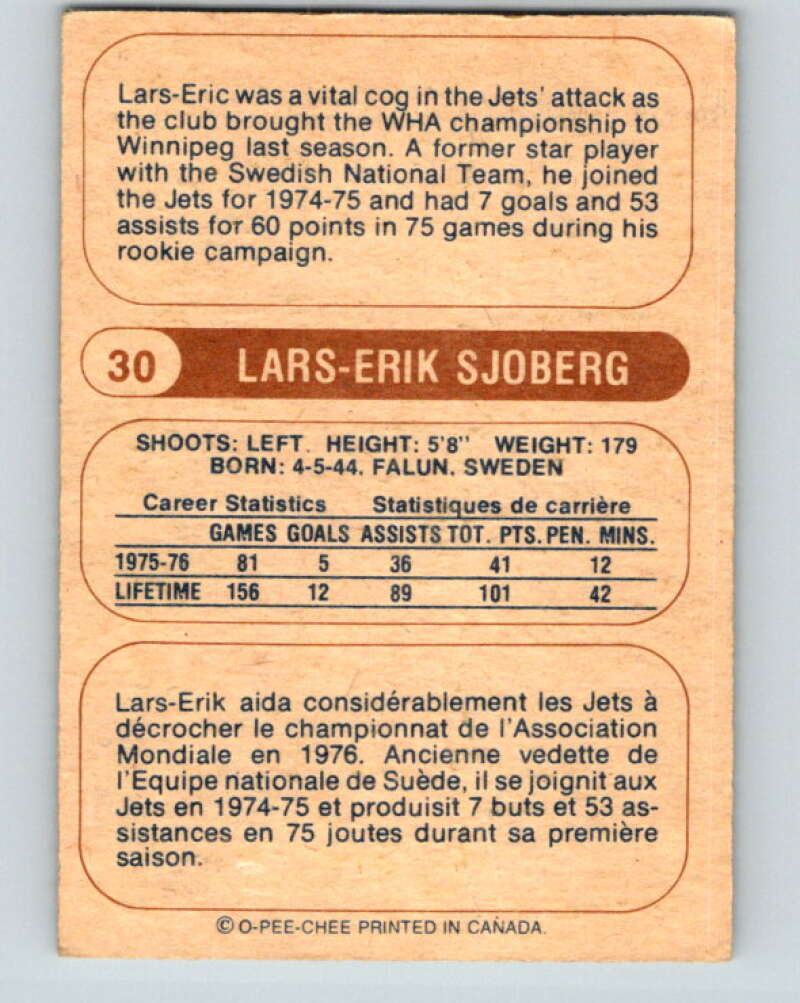 1976-77 WHA O-Pee-Chee #30 Lars-Erik Sjoberg Winnipeg Jets V7670