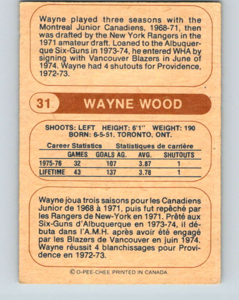1976-77 WHA O-Pee-Chee #31 Wayne Wood RC Rookie Birmingham Bulls V7671