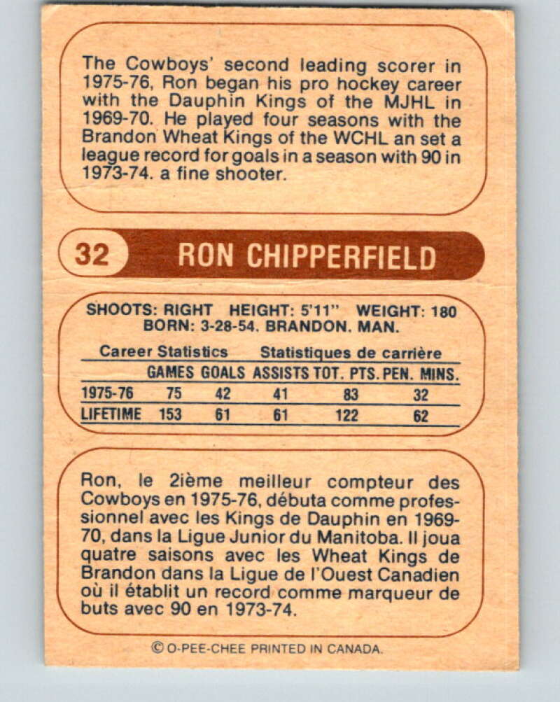 1976-77 WHA O-Pee-Chee #32 Ron Chipperfield Calgary Cowboys V7672