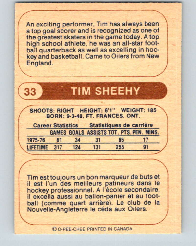 1976-77 WHA O-Pee-Chee #33 Tim Sheehy RC Rookie Edmonton Oilers V7673