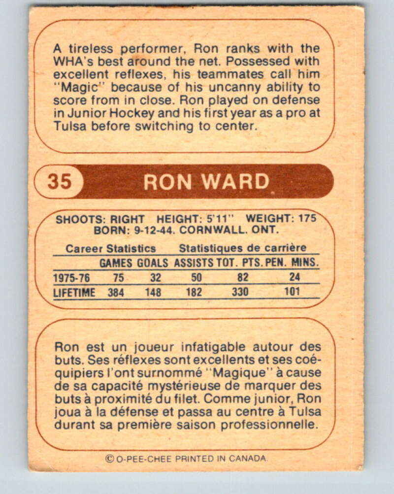 1976-77 WHA O-Pee-Chee #35 Ron Ward Minnesota Fighting Saints V7676