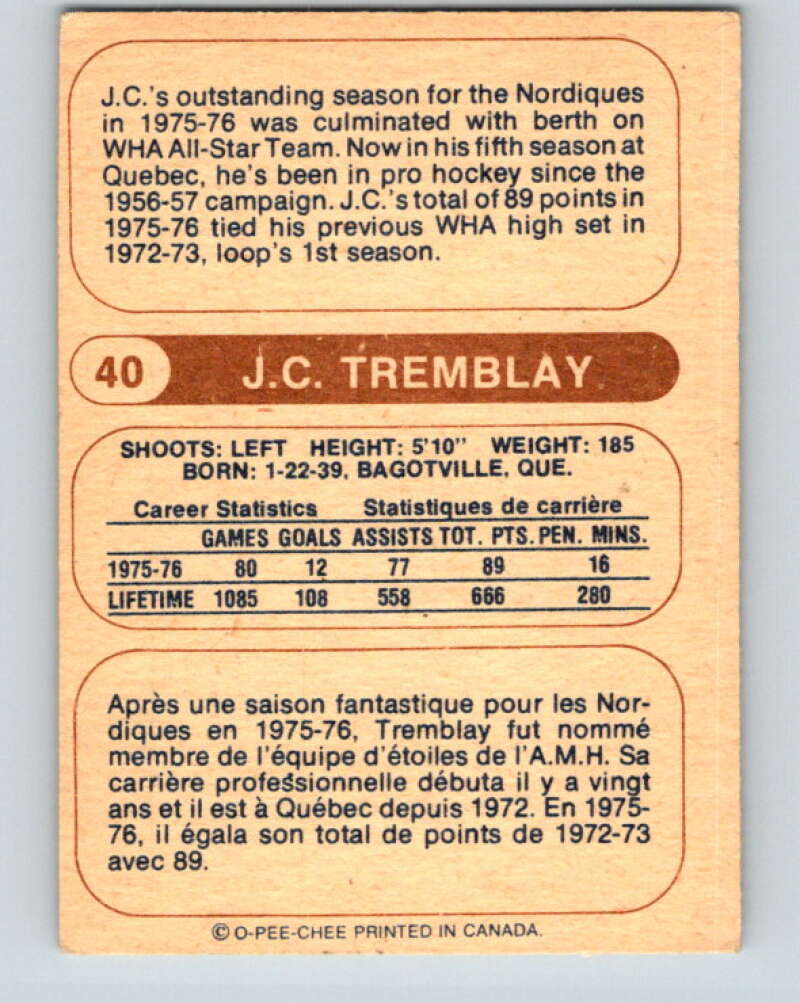1976-77 WHA O-Pee-Chee #40 J.C. Tremblay Quebec Nordiques V7681