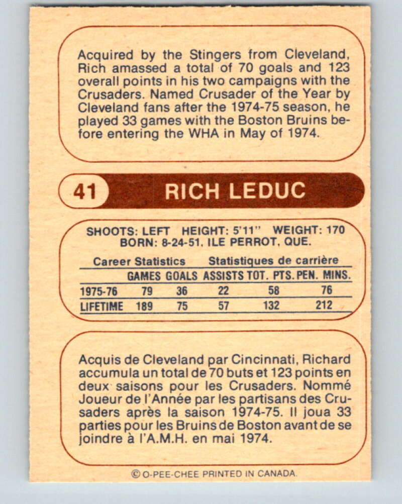 1976-77 WHA O-Pee-Chee #41 Rich Leduc Cincinnati Stingers V7682