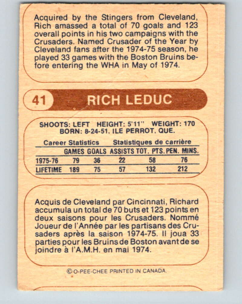 1976-77 WHA O-Pee-Chee #41 Rich Leduc Cincinnati Stingers V7683