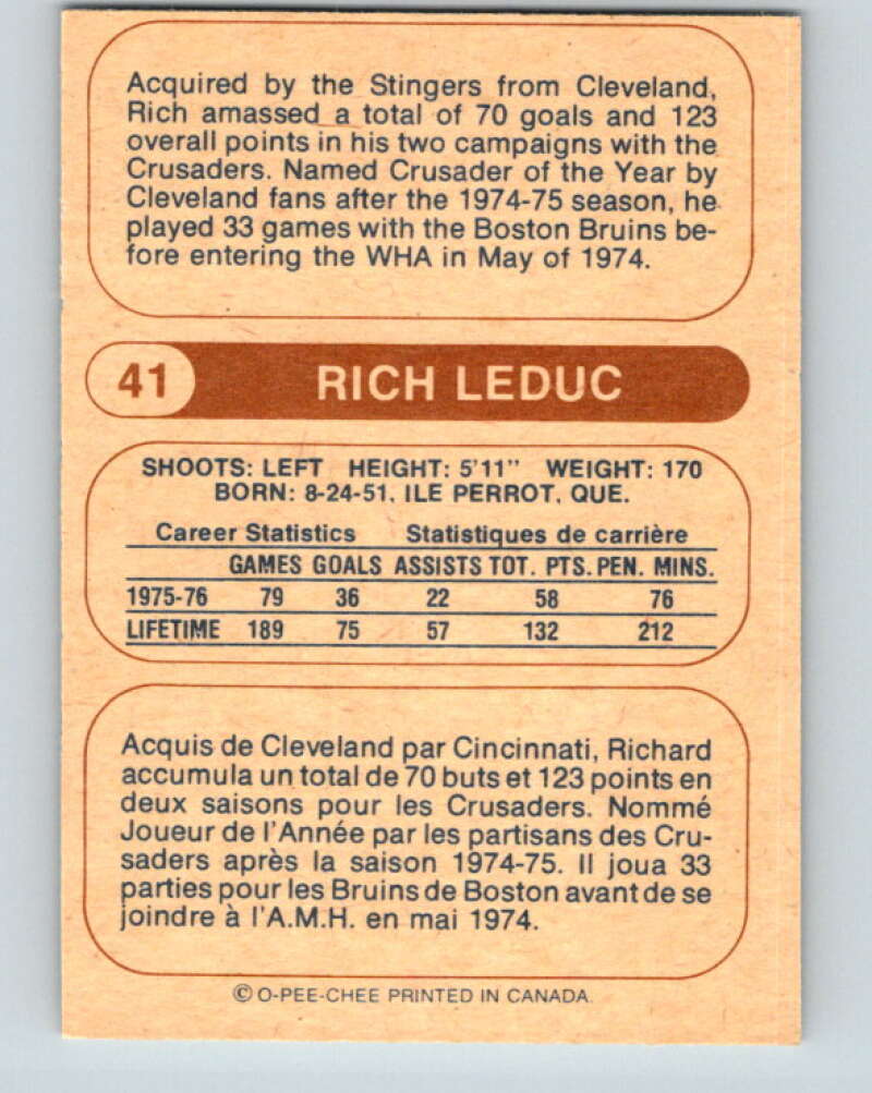 1976-77 WHA O-Pee-Chee #41 Rich Leduc Cincinnati Stingers V7684