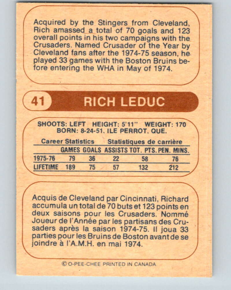 1976-77 WHA O-Pee-Chee #41 Rich Leduc  Cincinnati Stingers  V7684
