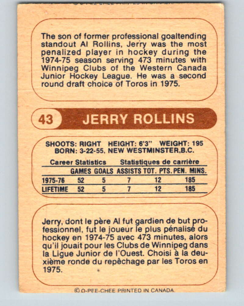 1976-77 WHA O-Pee-Chee #43 Jerry Rollins RC Rookie Phoenix Roadrunners V7687