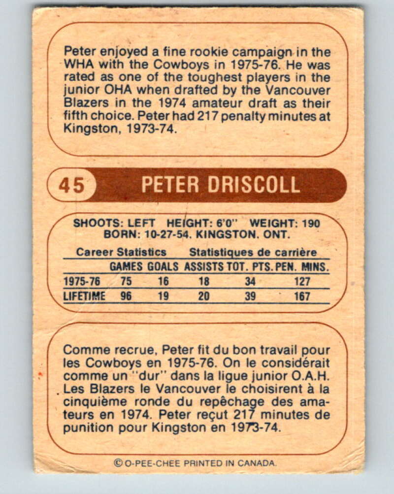 1976-77 WHA O-Pee-Chee #45 Peter Driscoll RC Rookie Calgary Cowboys V7689