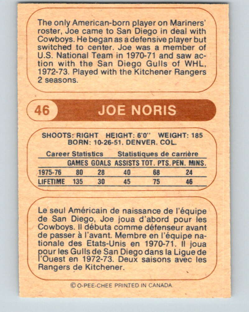 1976-77 WHA O-Pee-Chee #46 Joe Noris RC Rookie San Diego Mariners V7690