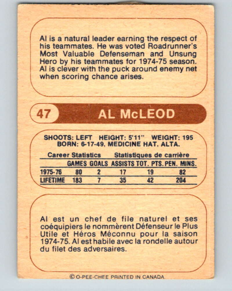1976-77 WHA O-Pee-Chee #47 Al McLeod Houston Aeros V7691