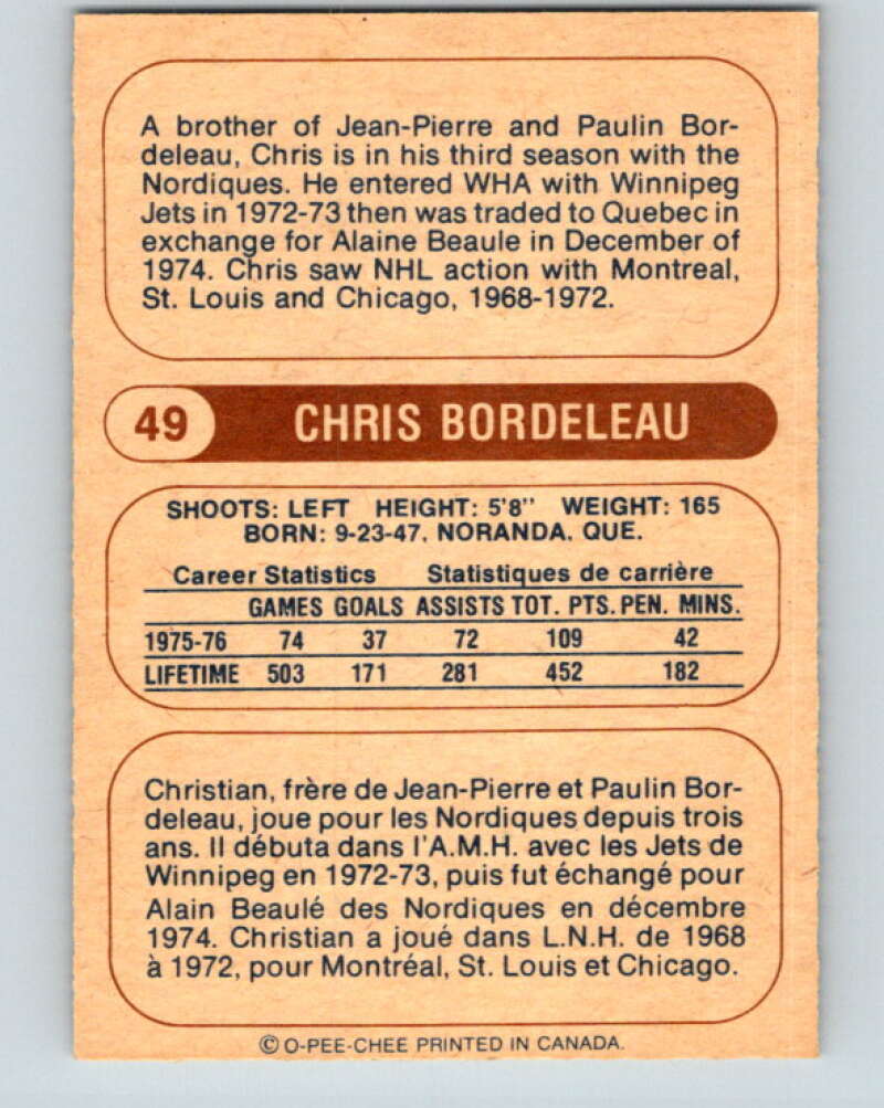 1976-77 WHA O-Pee-Chee #49 Chris Bordeleau Quebec Nordiques V7693