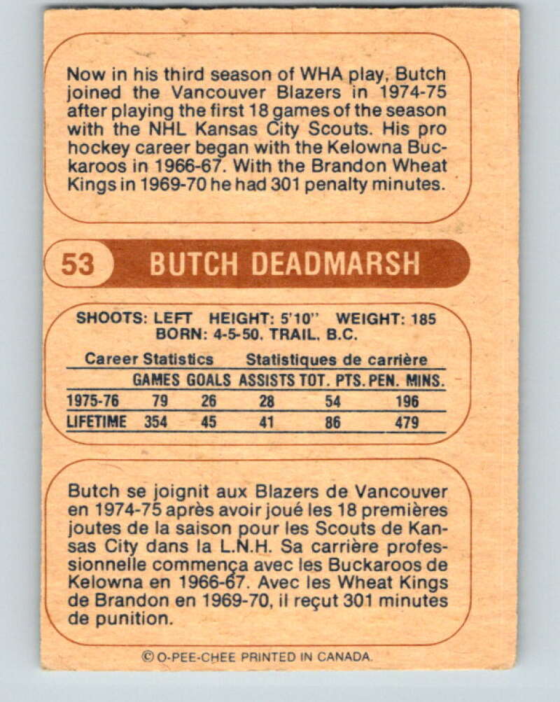 1976-77 WHA O-Pee-Chee #53 Butch Deadmarsh Minnesota Fighting Saints V7697