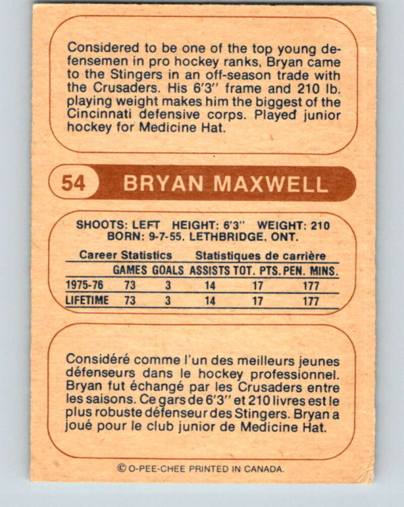 1976-77 WHA O-Pee-Chee #54 Bryan Maxwell RC Rookie Cincinnati Stingers V7698