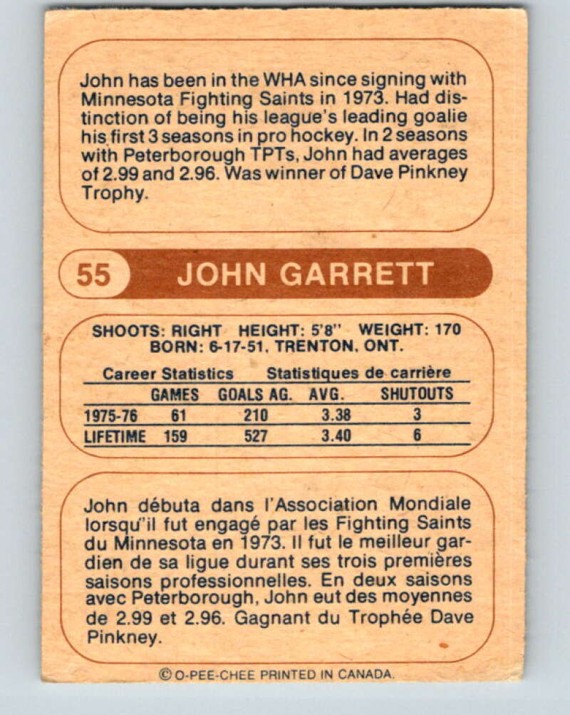 1976-77 WHA O-Pee-Chee #55 John Garrett Birmingham Bulls V7699