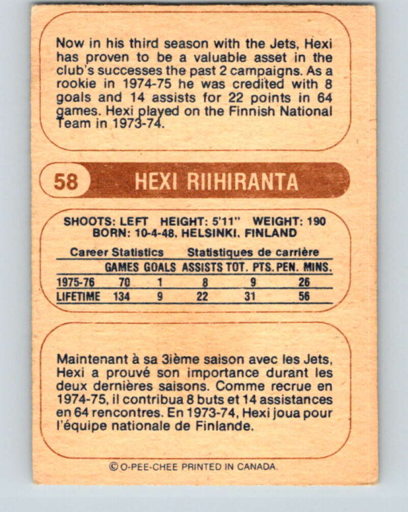 1976-77 WHA O-Pee-Chee #58 Heikki Riihiranta Winnipeg Jets V7702